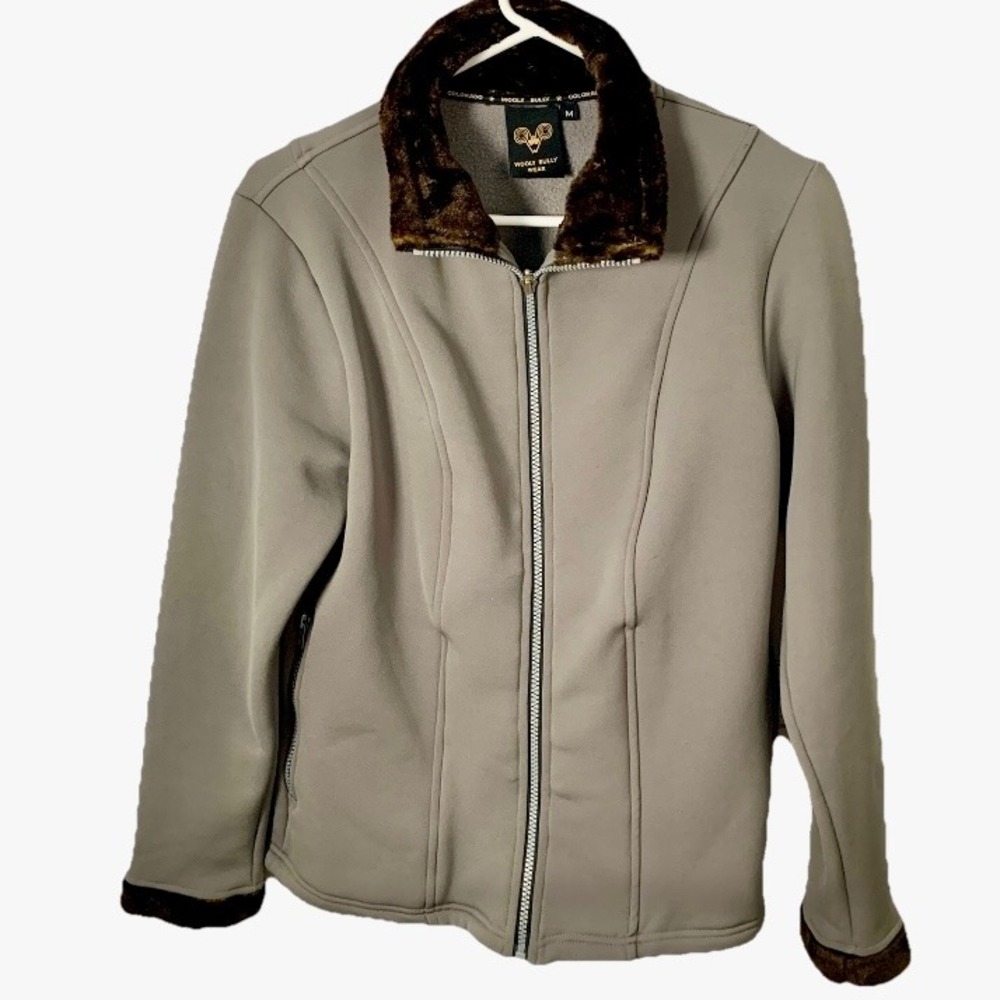Wooly‎ Bully Tech Fleece Jacket Olive Green / Gray Faux Fur Women Sz M Colorado